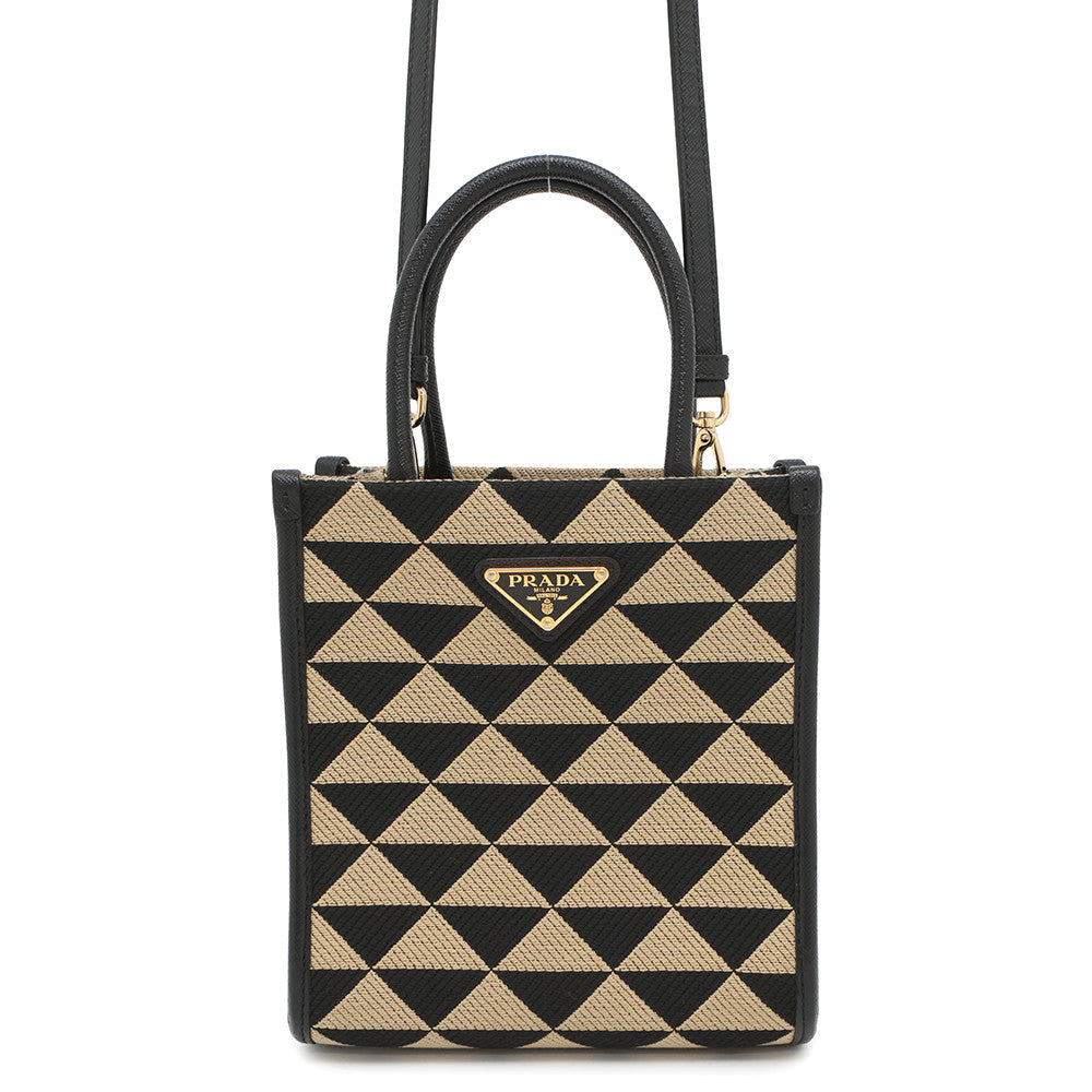 PRADA ?Symbol EmbroideryFabric Mini Bag Black/Beige1BA355 Canvas
