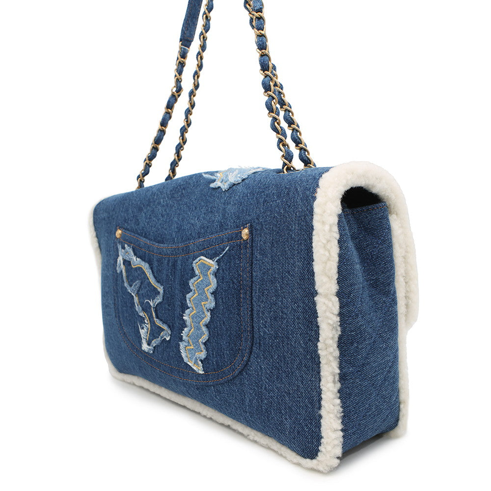 CHANEL Egyptian Line Single Flap Double Chain Shoulder Bag Blue Denim Mouton