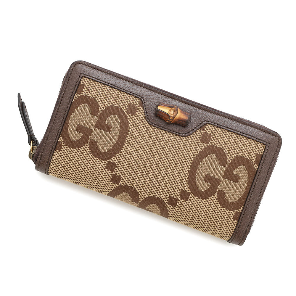 GUCCI Jumbo GG Bamboo Zip Around Wallet Beige/Brown658634 Canvas/Leather