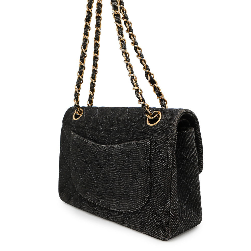 CHANEL Matelasse W flap WChainShoulder Bag BlackA01113 Denim Size 23