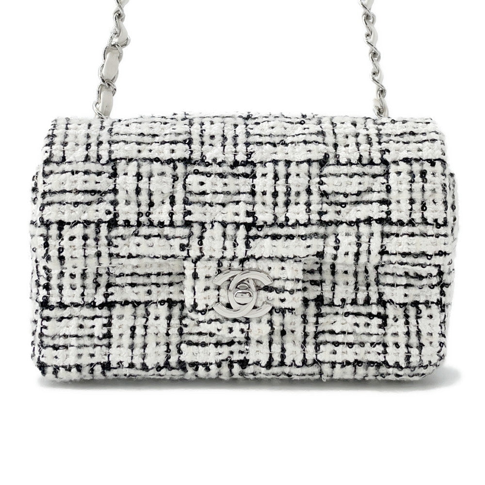 CHANEL Mini Matelasse ChainShoulder Bag White/BlackA69900 Tweed Sequins Leather