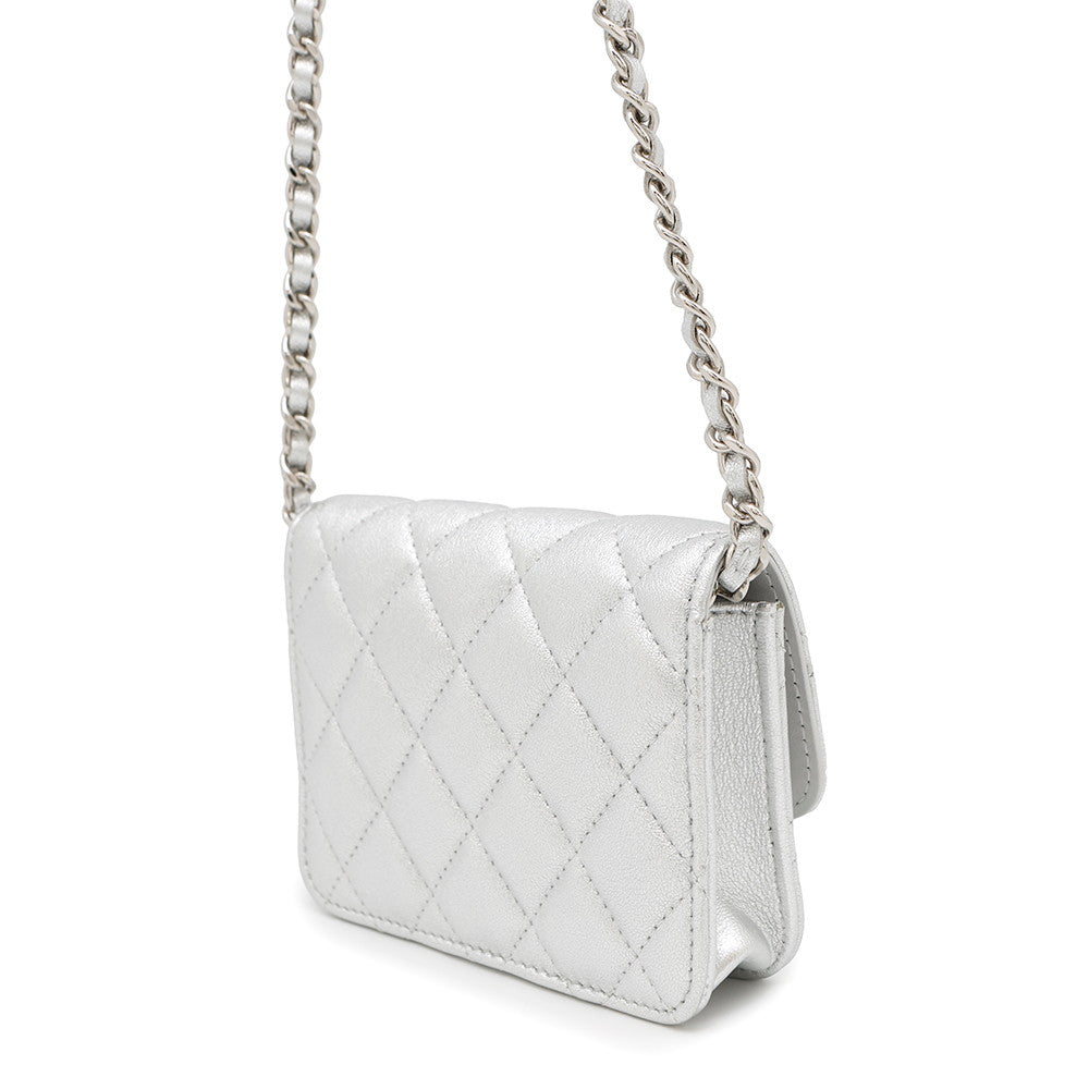 CHANEL Star Motif Chain Card Case Silver Lambskin