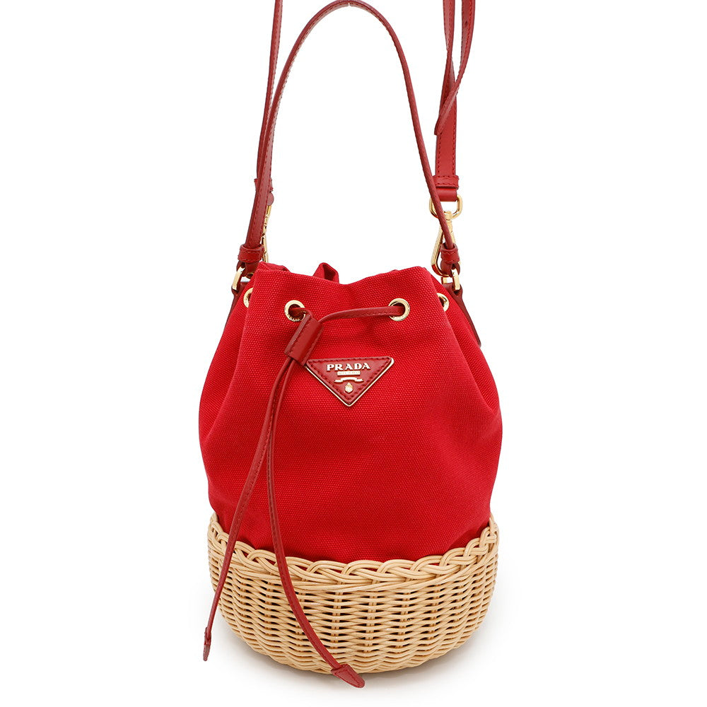 PRADA ?Drawstring bucket bag Red1BH115 Canvas Raffia
