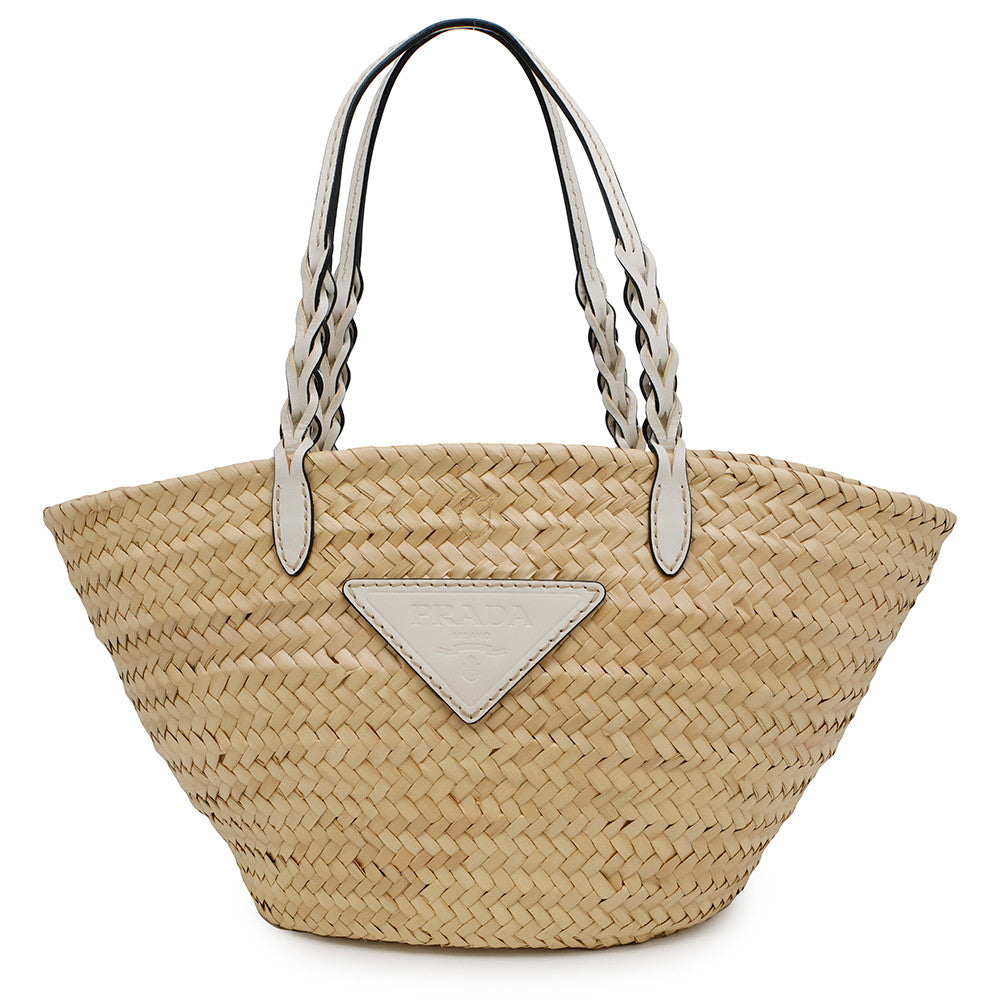 PRADA ?Woven Palm Basket Bag Natural/White1BG314 Straw Leather