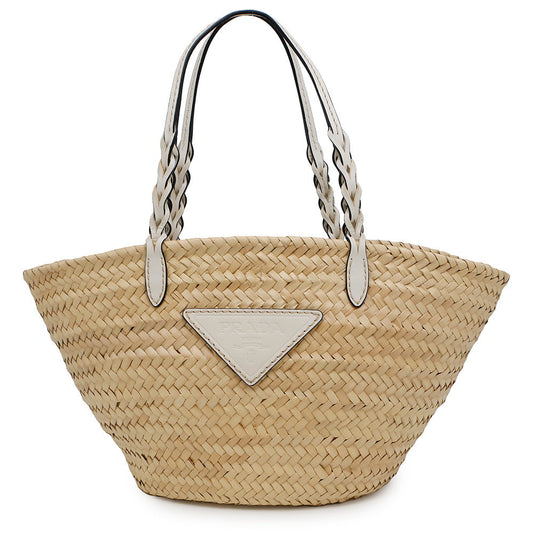 PRADA ?Woven Palm Basket Bag Natural/White1BG314 Straw Leather