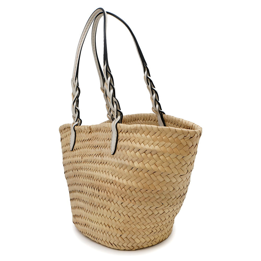 PRADA ?Woven Palm Basket Bag Natural/White1BG314 Straw Leather