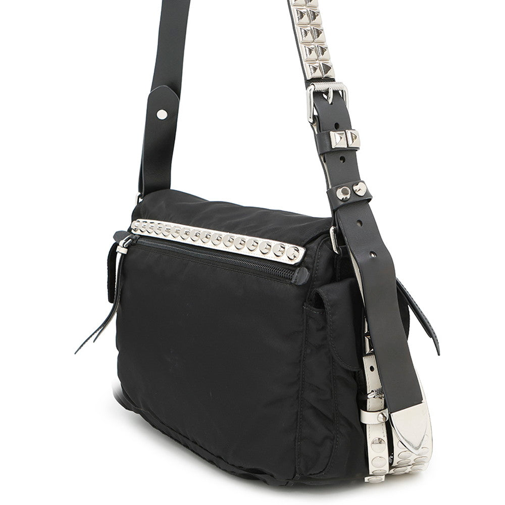 PRADA Studded Shoulder Bag Black/White1BD118 Nylon Leather