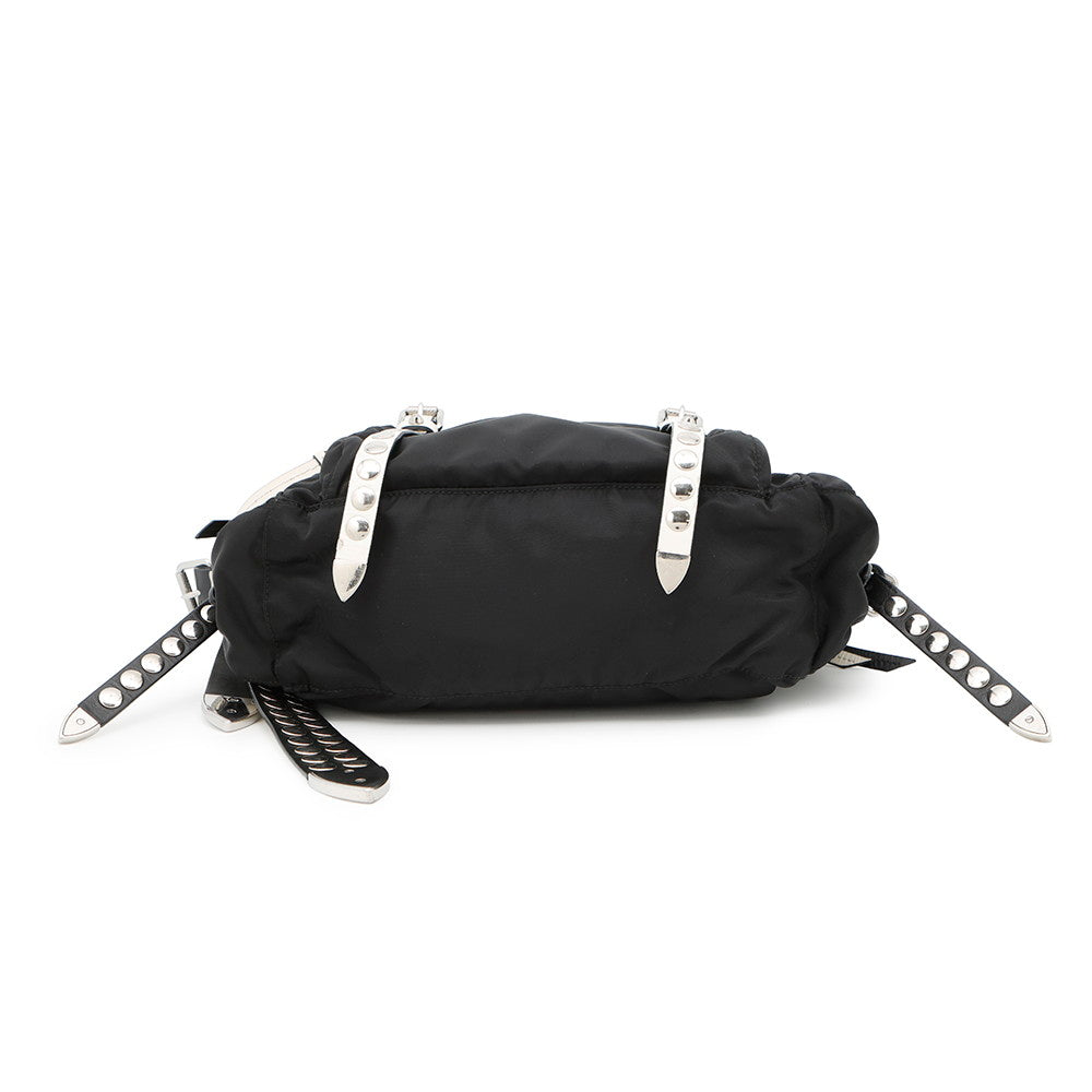 PRADA Studded Shoulder Bag Black/White1BD118 Nylon Leather