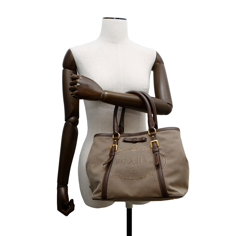 PRADA Logo Jacquard 2-way Tote Bag Brown/KhakiBN1841 Leather Canvas