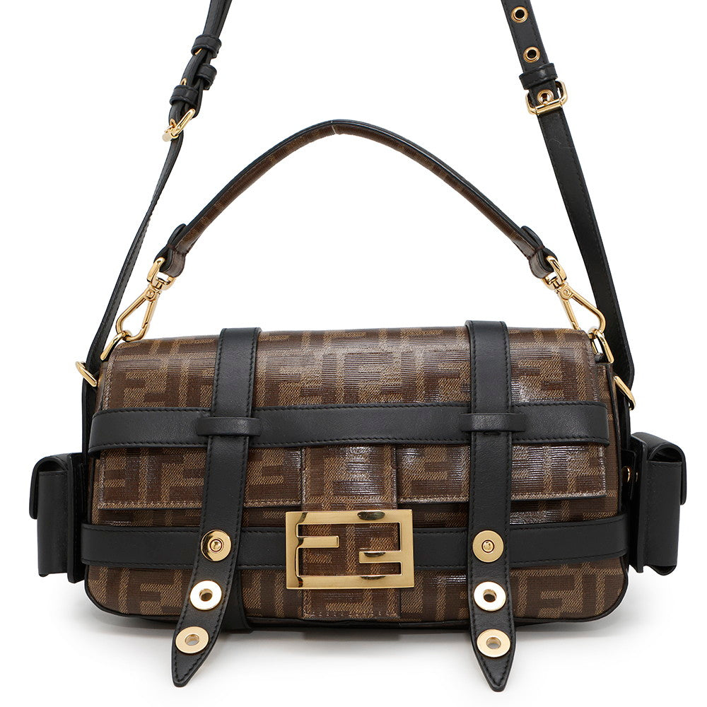 FENDI Flower Zucca Bucket Shoulder Bag Brown/Black8BR777 Leather coated Canvas