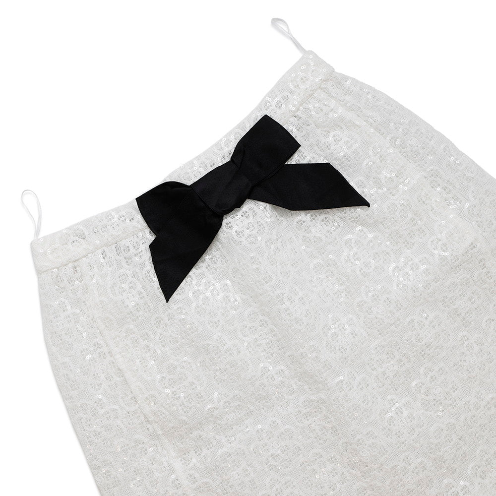 CHANEL Camellia Ribbon Lace Skirt Size 36 White/BlackP77294 Cotton100% Sequins