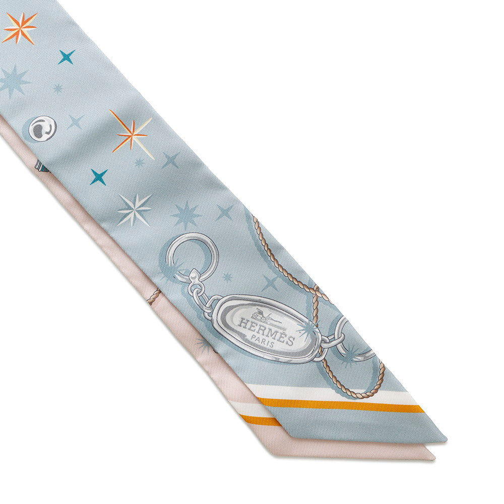 HERMES Twilly C'est la Fête Blue Gacier/Rose Poudre/Gray Silk100%