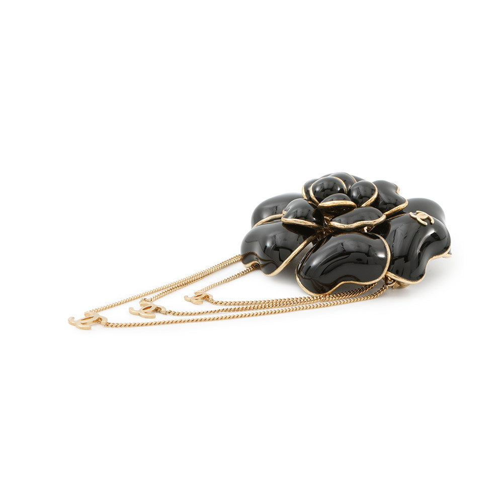 CHANEL Camellia CC Logo Chain Brooch Black Gold Plated Enamel