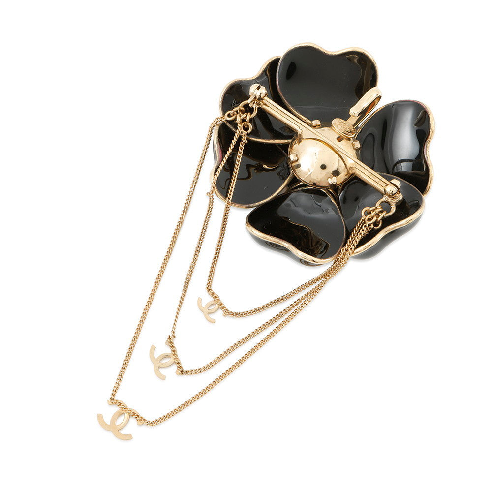 CHANEL Camellia CC Logo Chain Brooch Black Gold Plated Enamel