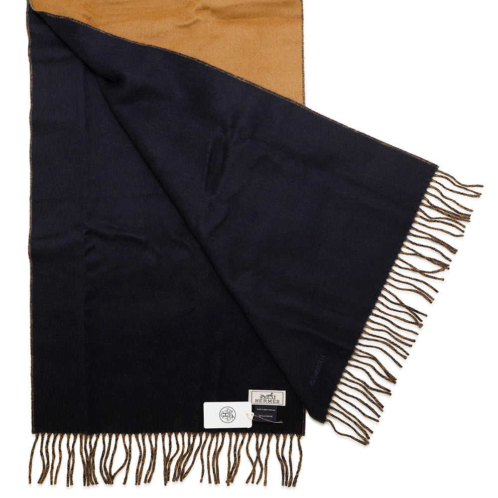 HERMES Cashmere Scarf "Rectoverso" Camel / Marine Cashmere100%