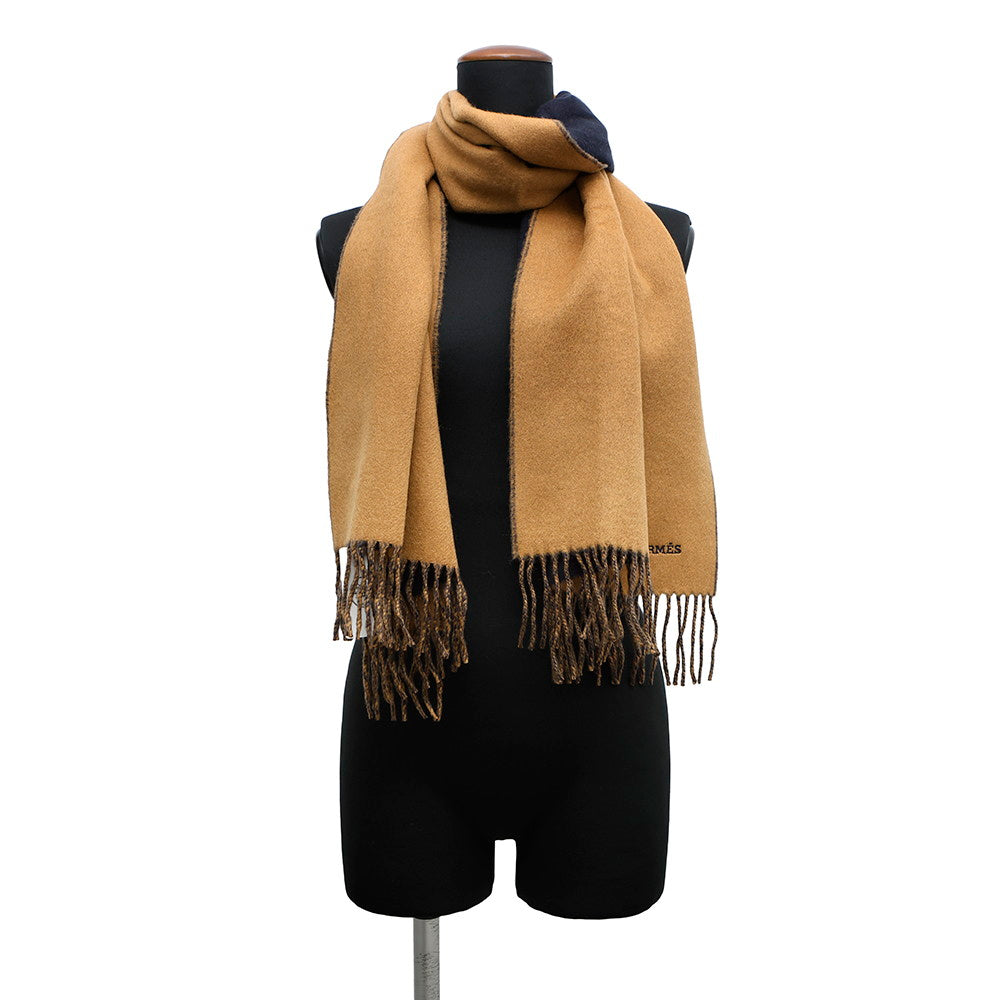 HERMES Cashmere Scarf "Rectoverso" Camel / Marine Cashmere100%