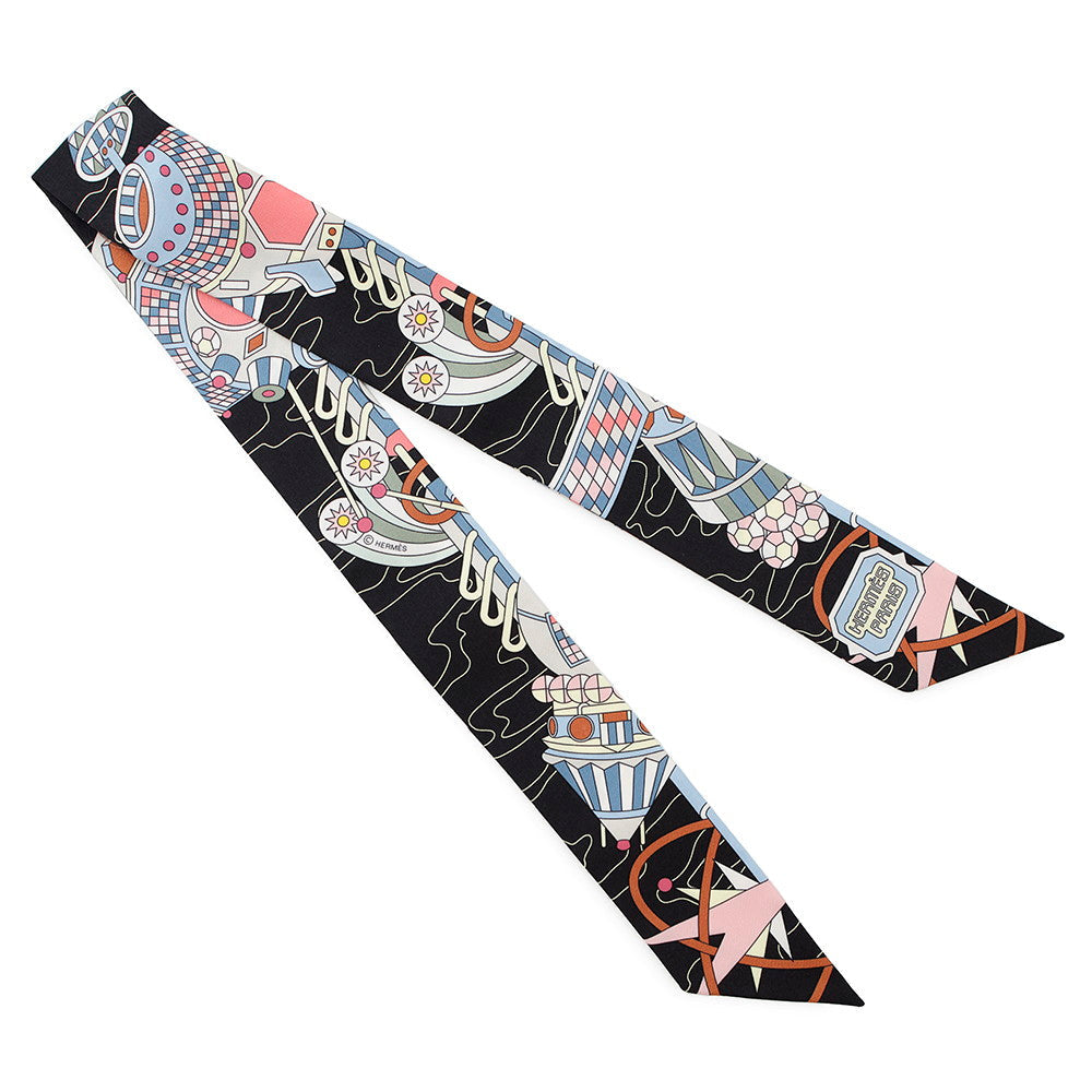 HERMES Twilly Odyssey Black/Blue Ciel/Rose Silk100%