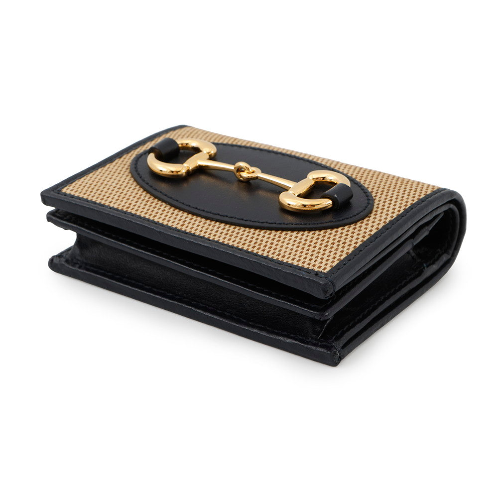 GUCCI Horsebit 1955 Compact Wallet Beige/Navy621887 Straw/Leather