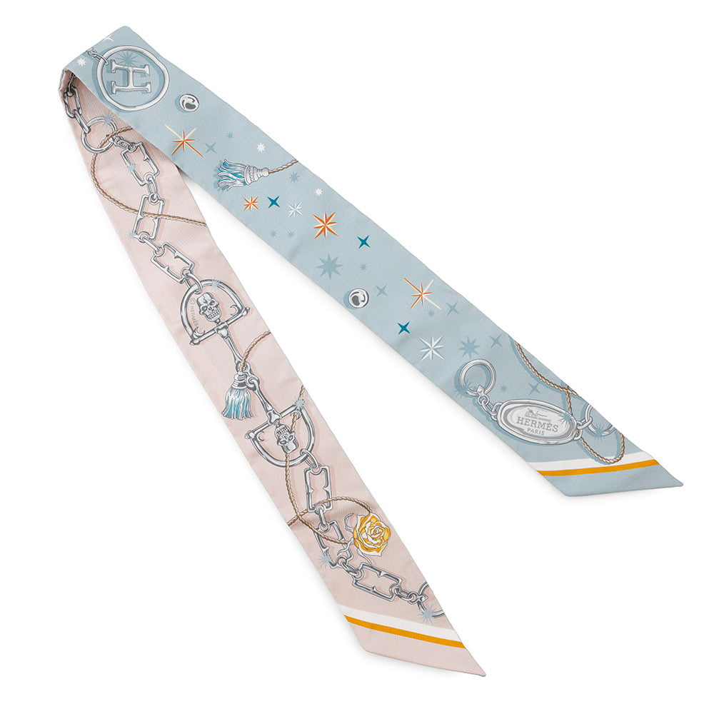 HERMES Twilly C'est la Fête Blue Gacier/Rose Poudre/Gray Silk100%