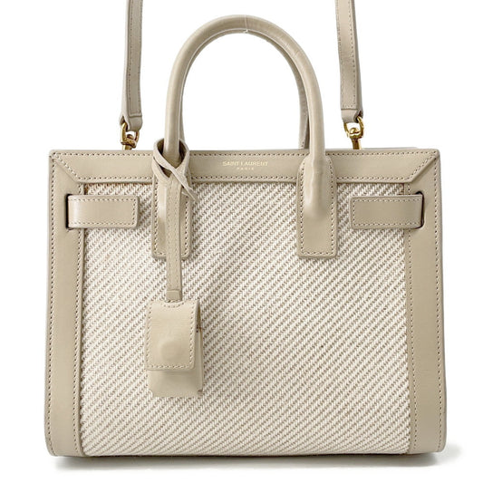 SAINT LAURENT PARIS ?Jour Beige/Ivory400632 Calf Leather Cotton Linen Size Nano