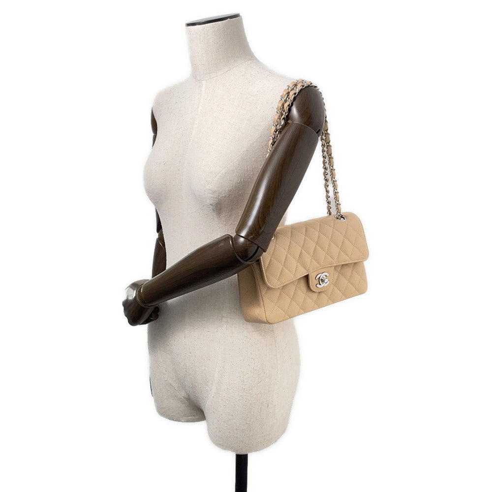 CHANEL Matelasse W Flap ChainShoulder Bag BeigeA01113 Caviar Leather Size 23