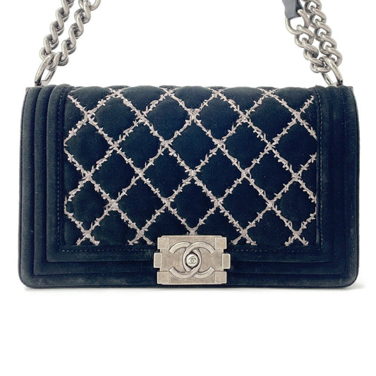 CHANEL Boy Chanel ChainShoulder Bag Black Velour Size 25