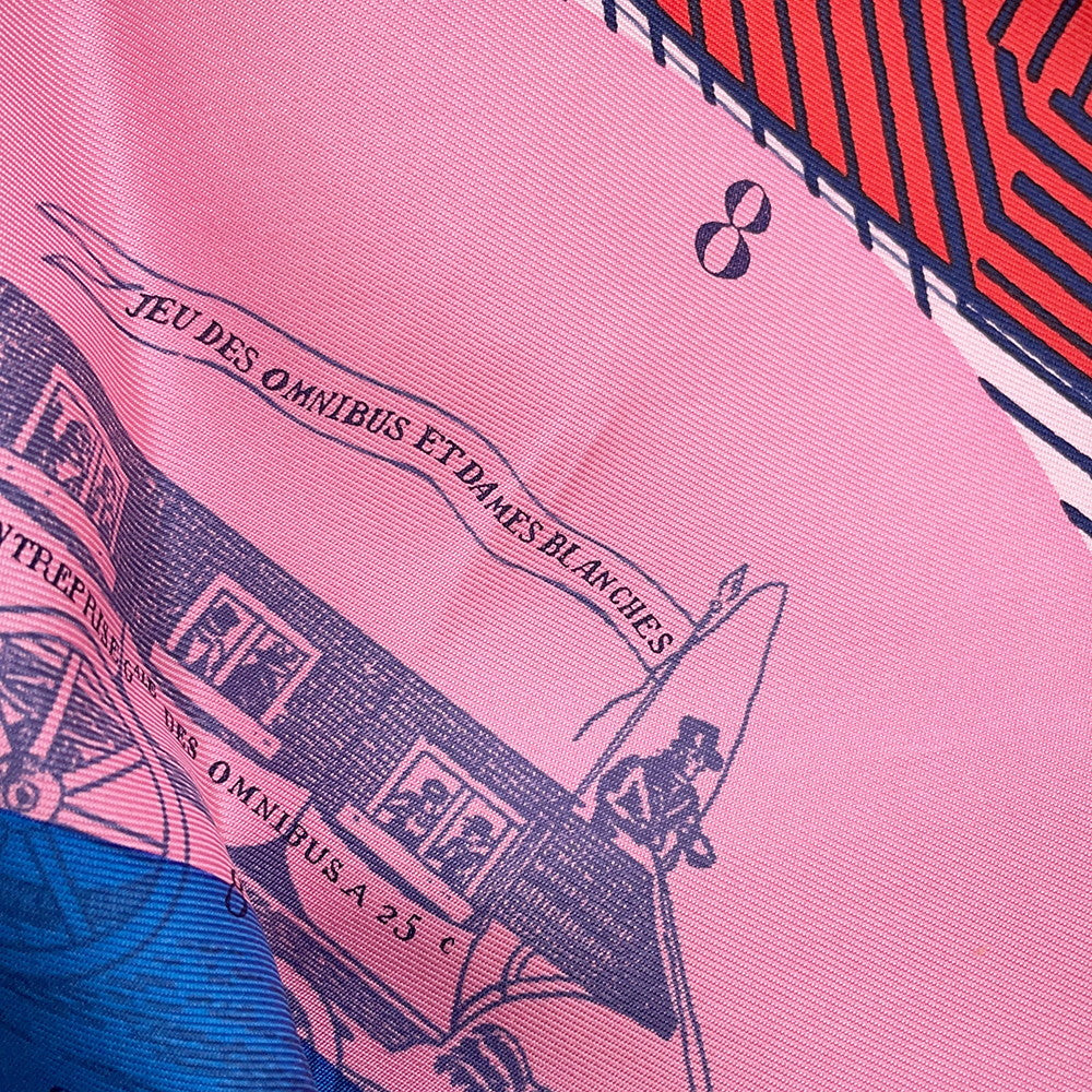HERMES Scarf Carre Jeu des omnibus et damesBlanches Omnibus White Lady Game Size 90 Pink/Blue/Red Silk 100%