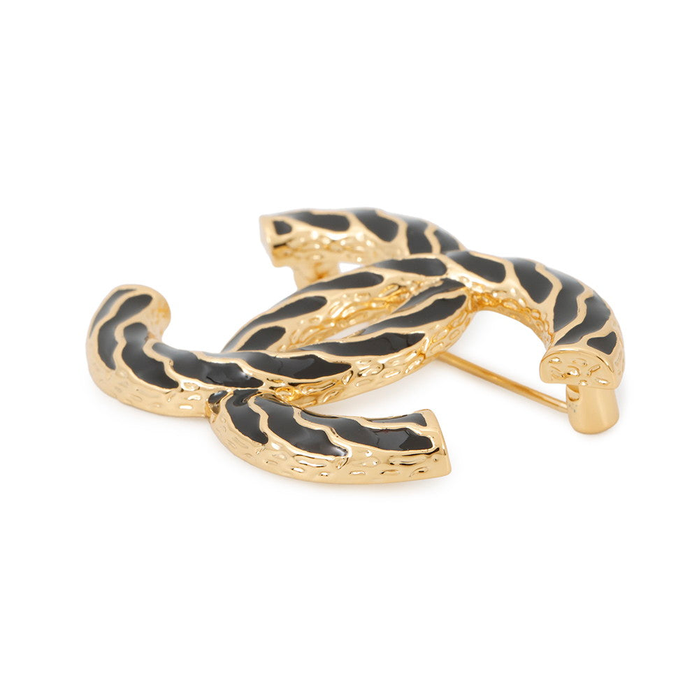 CHANEL CC Logo Brooch Black Gold Plated