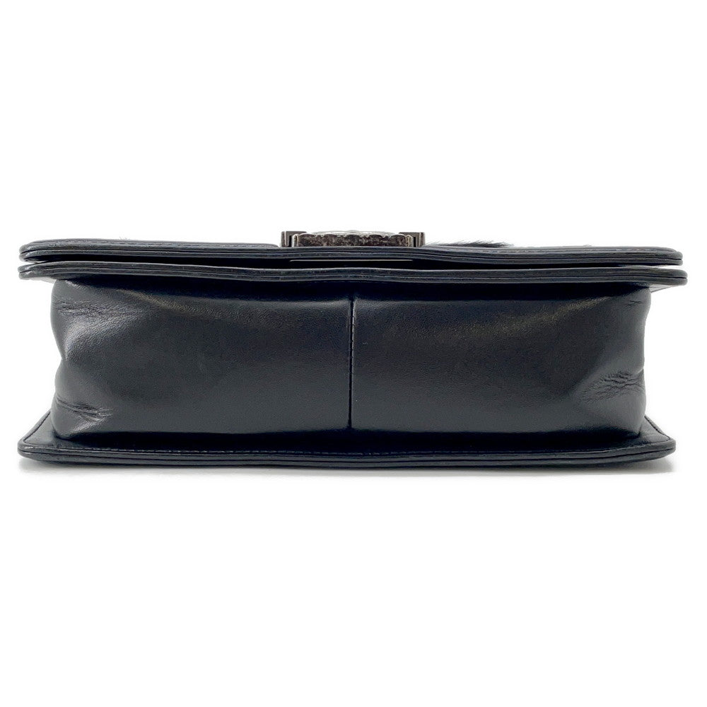 CHANEL Boy Chanel ChainShoulder Bag Black Leather Fur Size 25