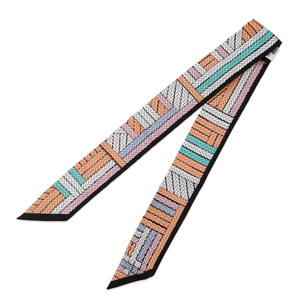HERMES Twilly TRESSES H Apricot/Black/Rose Silk100%