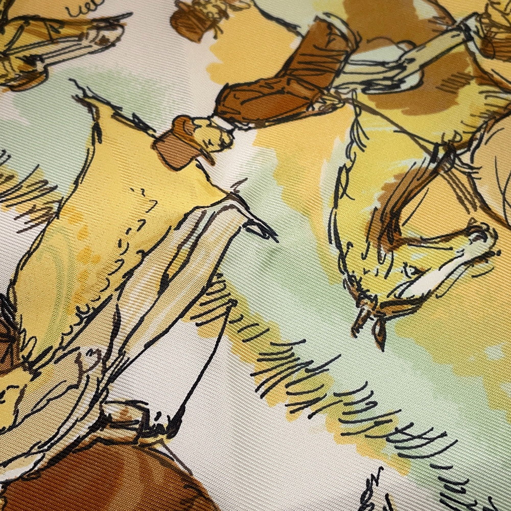 HERMES Carre LES AMAZONES Lady on Horseback Size 90 Yellow/Multicolor Silk100%