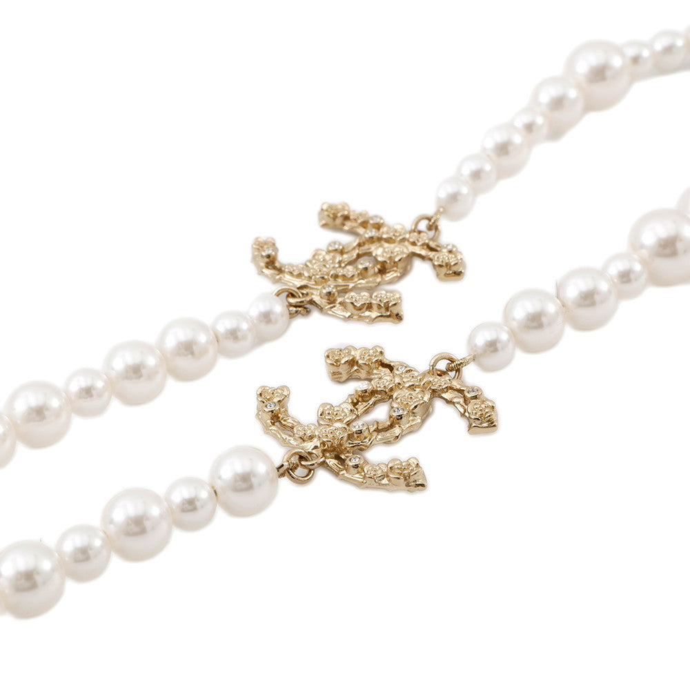 CHANEL Pearl long necklace Champagne Gold Gold Plated Faux Pearl Rhinestone