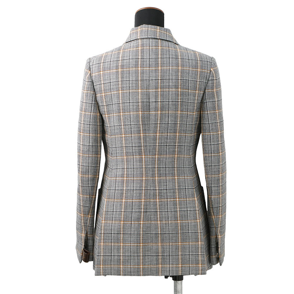 LOUIS VUITTON Leather Trim Check Jacket Size 34 Gray/Black/OrangeRW232W Wool 43% Rayon 23% Cotton23% Linen 8% Nylon 3%