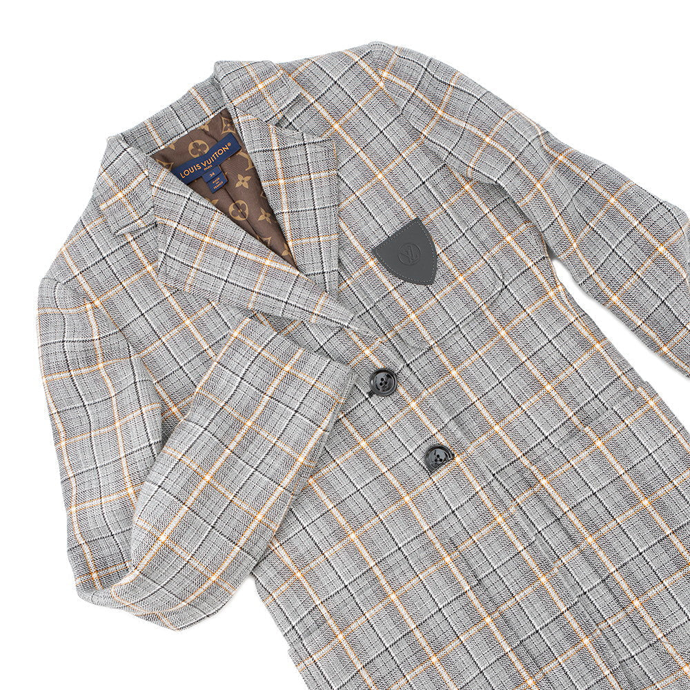 LOUIS VUITTON Leather Trim Check Jacket Size 34 Gray/Black/OrangeRW232W Wool 43% Rayon 23% Cotton23% Linen 8% Nylon 3%