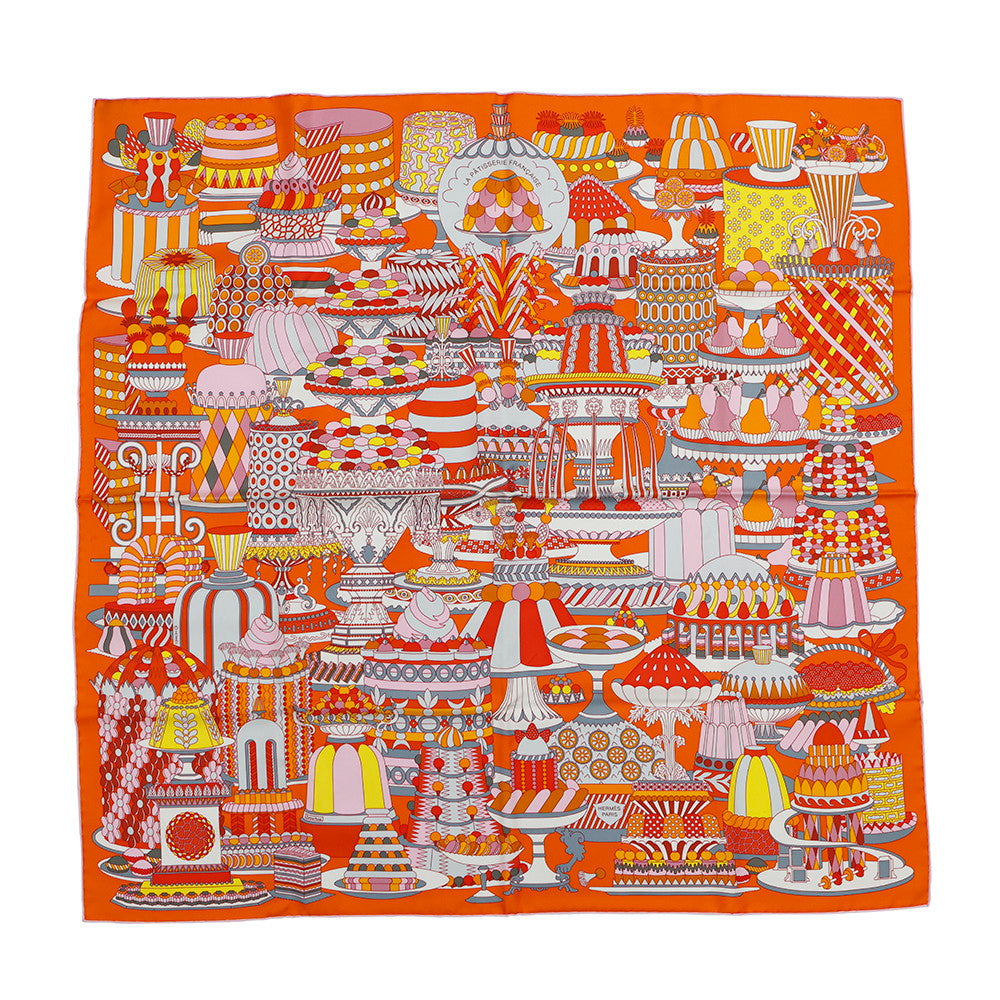 HERMES Carre Patisserie Française Size 90 Orange/Rose/Gris Silk100%