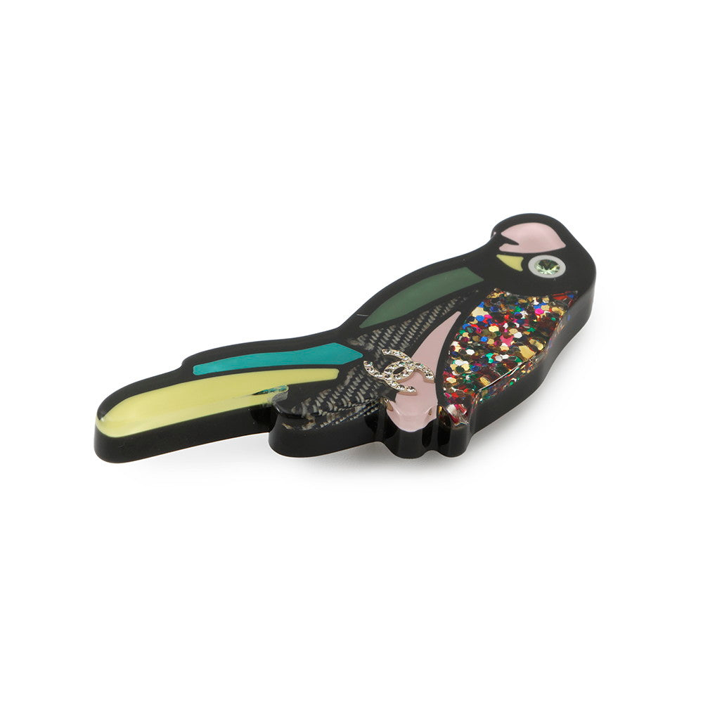 CHANEL Parrot CC Logo Brooch Black/Multicolor Plastic Metal Rhinestone