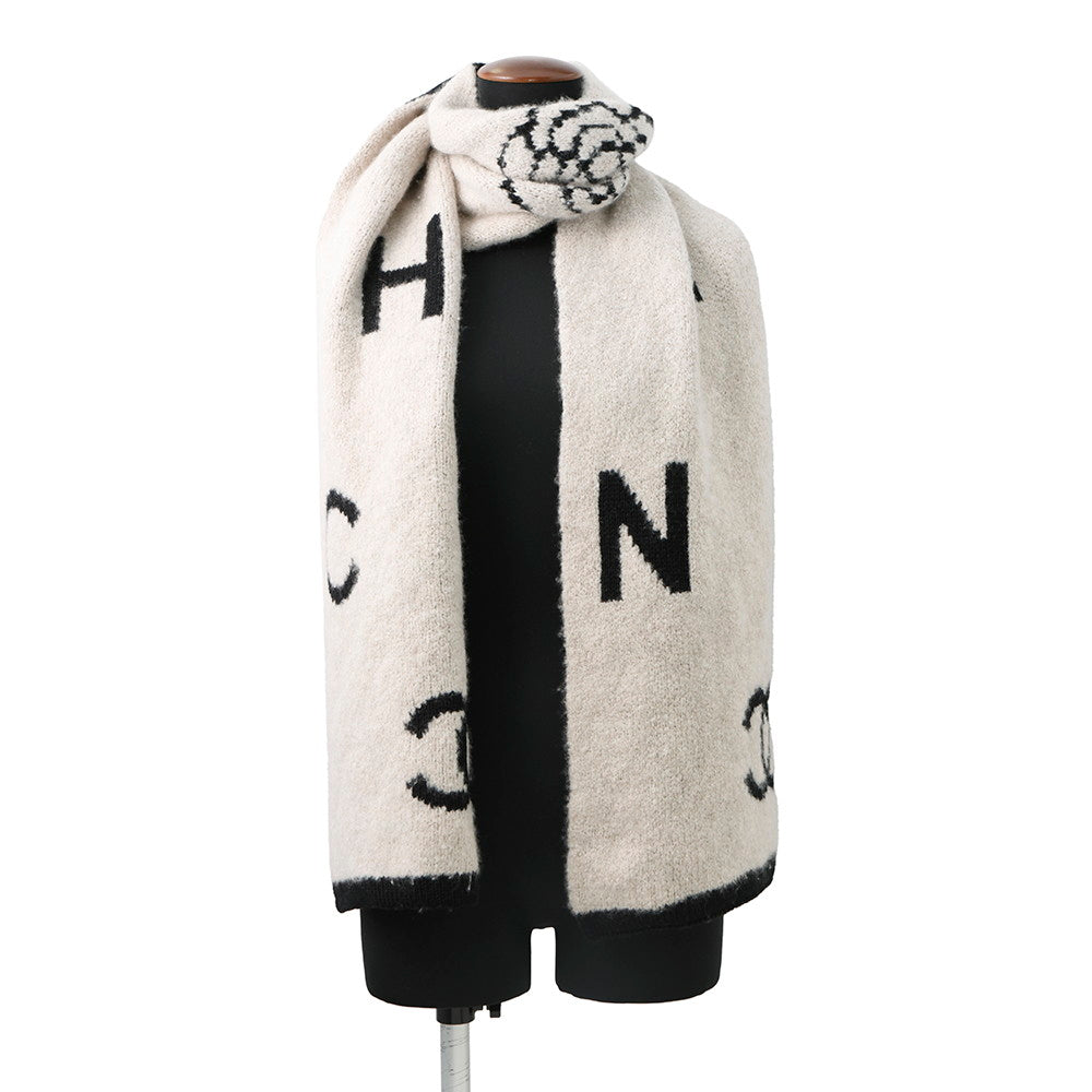 CHANEL Scarf Beige/Black Wool 44% Cashmere44% Silk12%