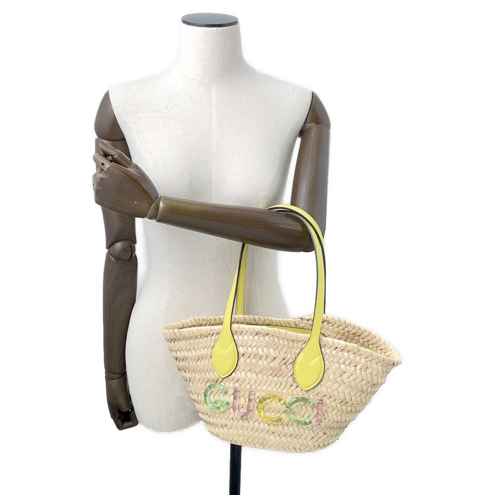 GUCCI Logo Basket Bag Yellow/Natural782381 Straw Leather