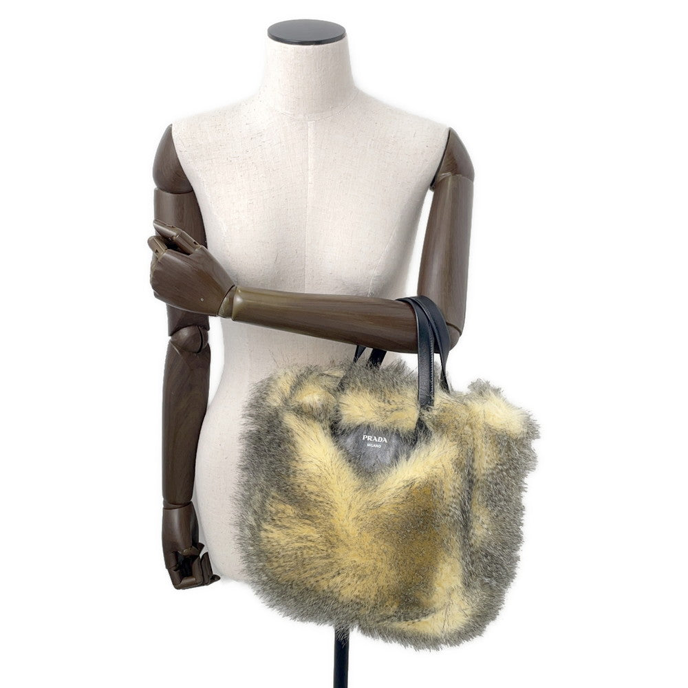 PRADA Triangle Logo 2WAY Handbag Beige/Black1BG406 Fake fur