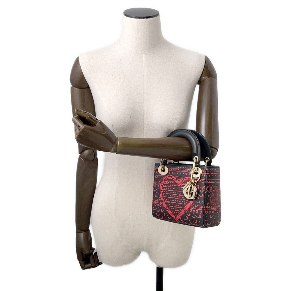 Dior Lady Dior 2WAY Handbag Black/Red Leather Size Mini