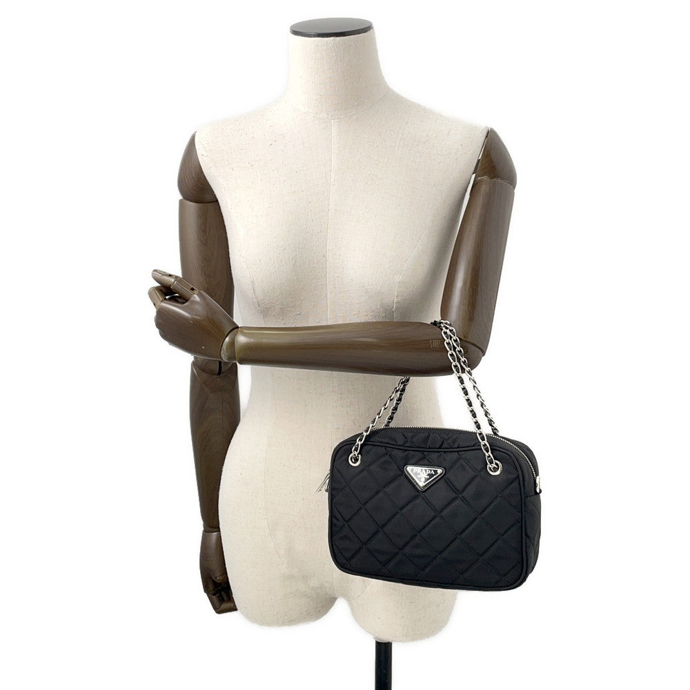 PRADA 2WAY Logo Quilted Chain Bag Black1BH910 Nylon