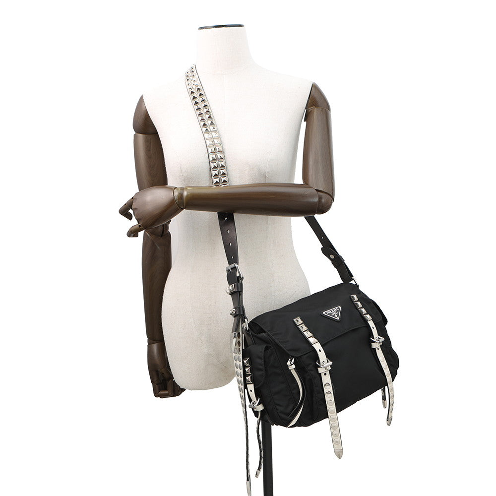 PRADA Studded Shoulder Bag Black/White1BD118 Nylon Leather