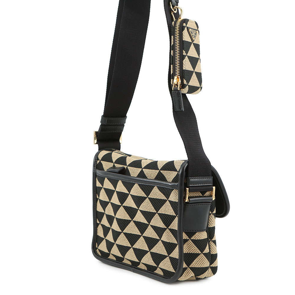 PRADA Symbol Embroidery Shoulder Bag Beige/Black2VD034 Canvas Leather