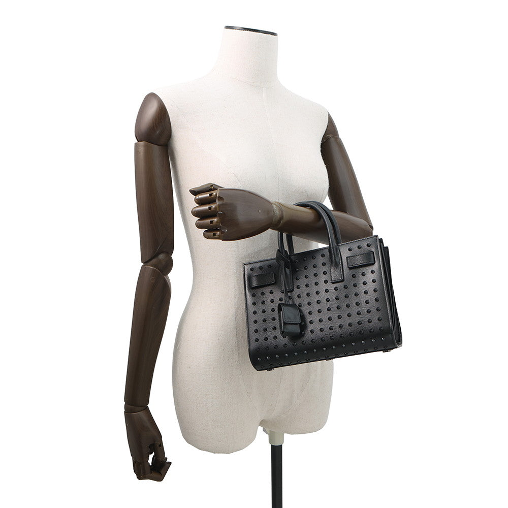 SAINT LAURENT PARIS Studded 2way Handbag Black Leather Size Nano