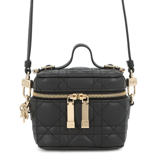 Dior Cannage 2-Way Vanity Shoulder Pouch Black Leather