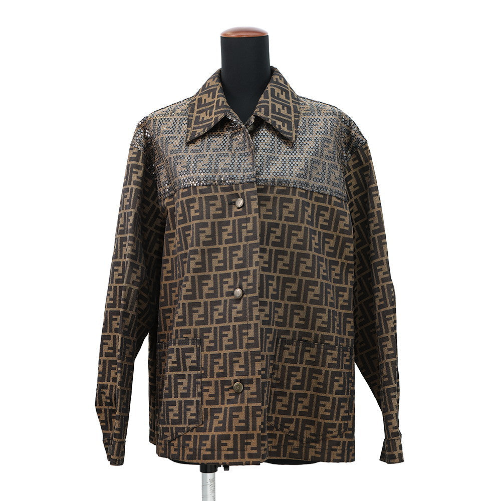FENDI Logo Print Jacket Size Chronomat 44 Brown Polyester70% Cotton30%