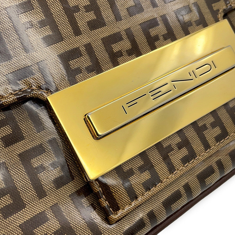 FENDI Zucchino Shoulder Bag Beige/Brown Enamel
