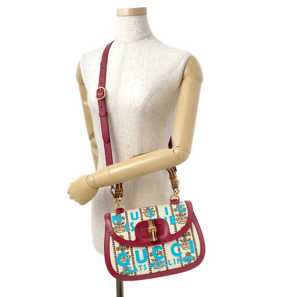 GUCCI MUSIC IS MINE Bamboo 3WAY Handbag Red/Ivory679632 Leather Canvas Size Medium