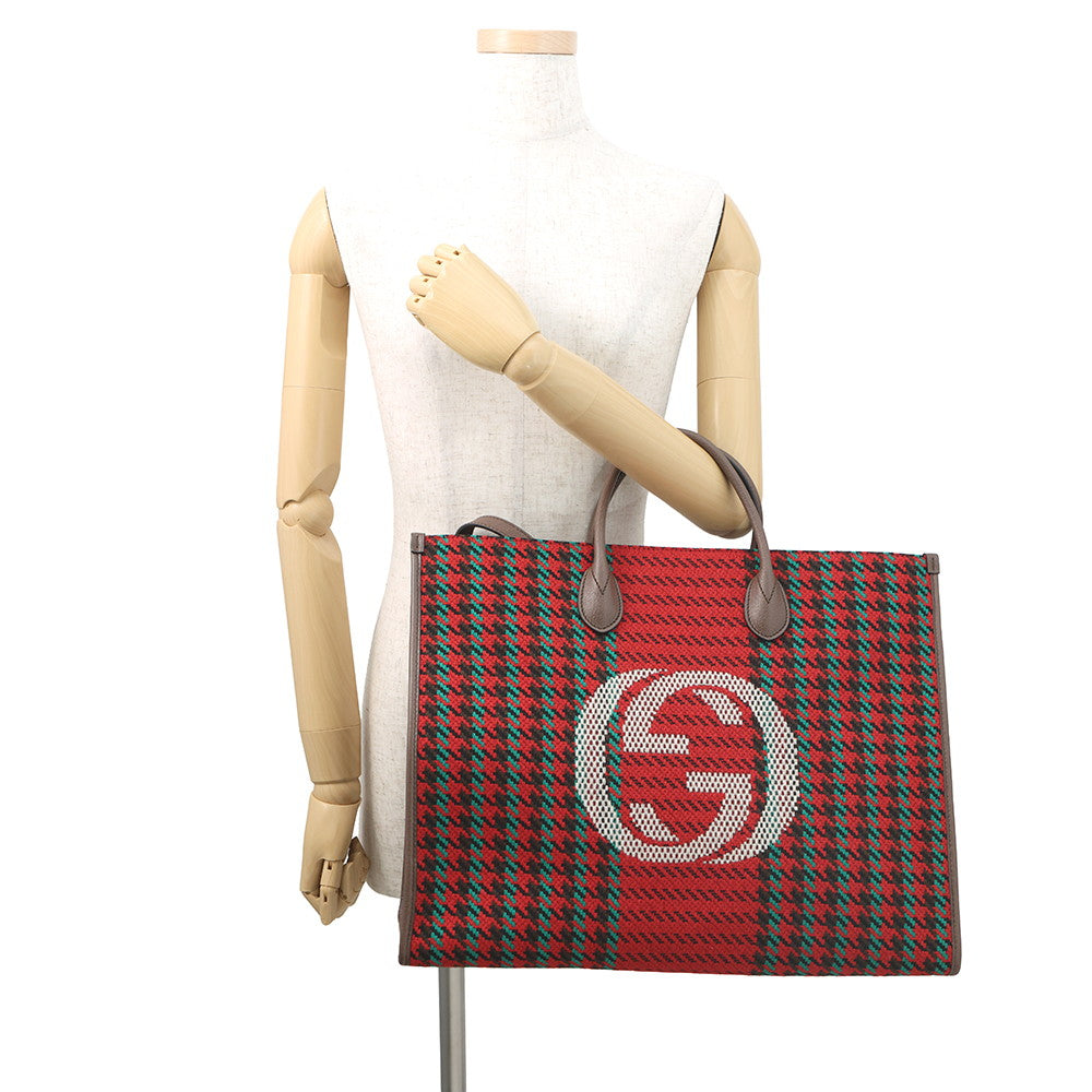 GUCCI Interlocking G Tote Bag Red/Brown/Multicolor644994 Tweed Leather
