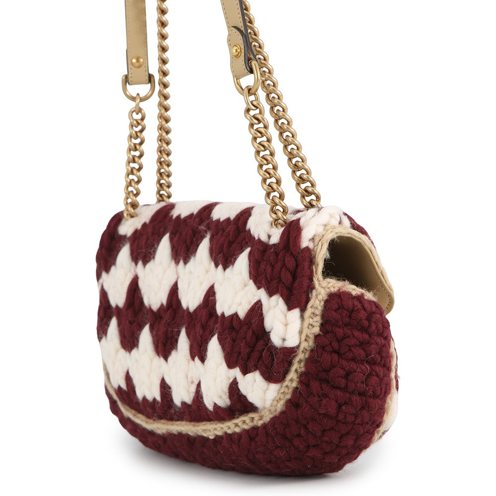 GUCCI GG Marmont Knit Shoulder Bag Bordeaux/White443497 Wool Leather